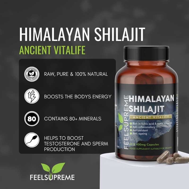 Bottle of Shilajit Capsules showing benefits